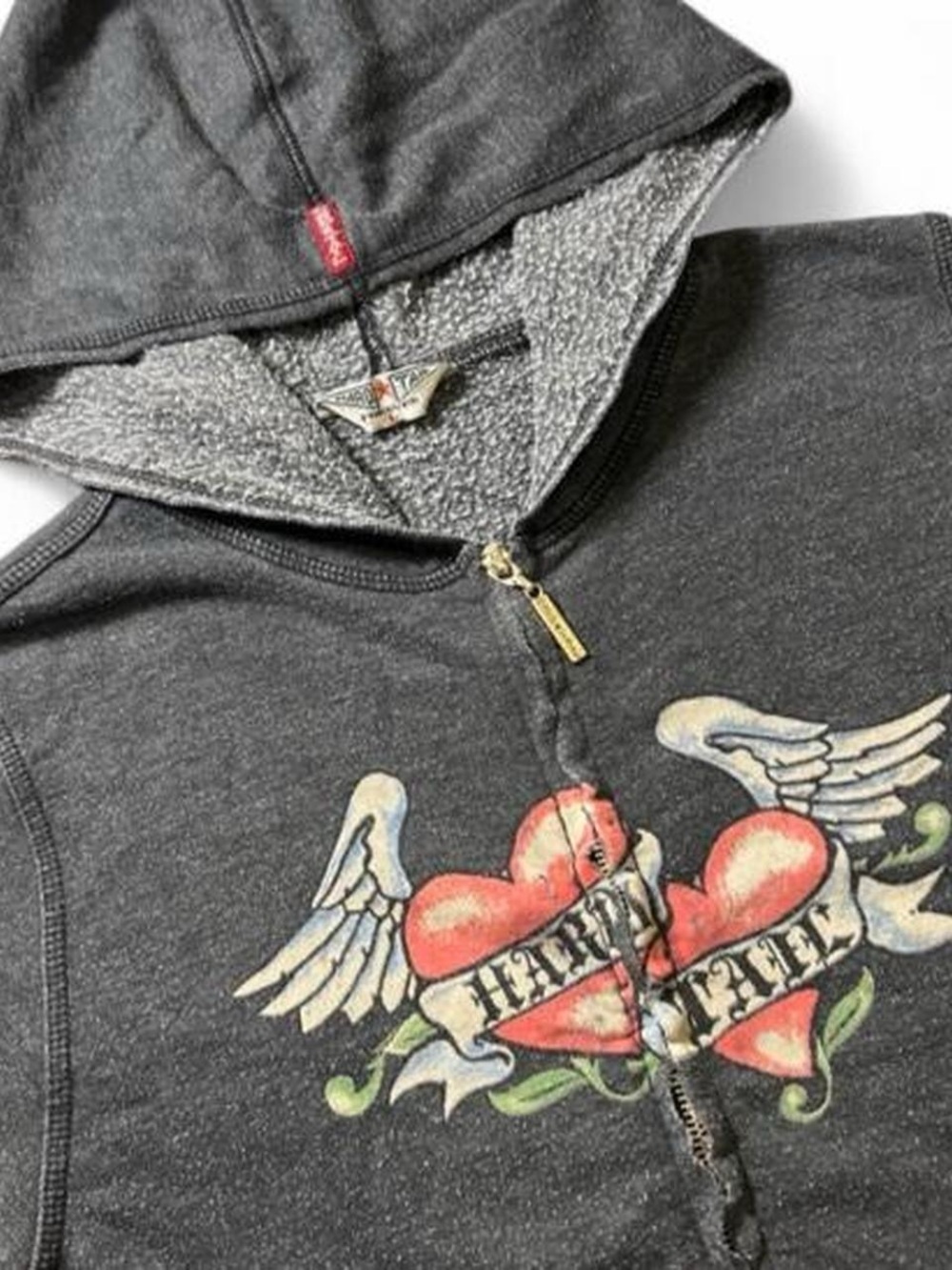 Y2K vintage Hard Tail Forever Zip Up Hoodie with tattoo heart and wings graphic